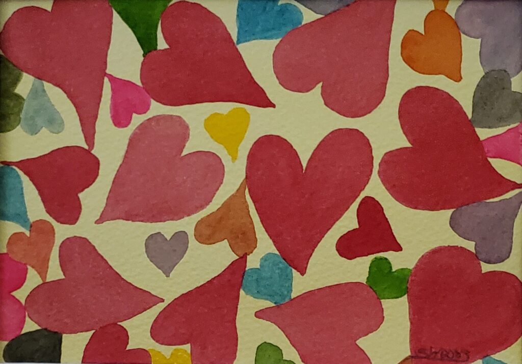A watercolour painting of multicoloured stylized hearts of different sizes