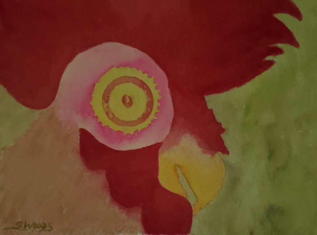 A watercolour painting of a very stylized rooster's head, with a giant spinning eye