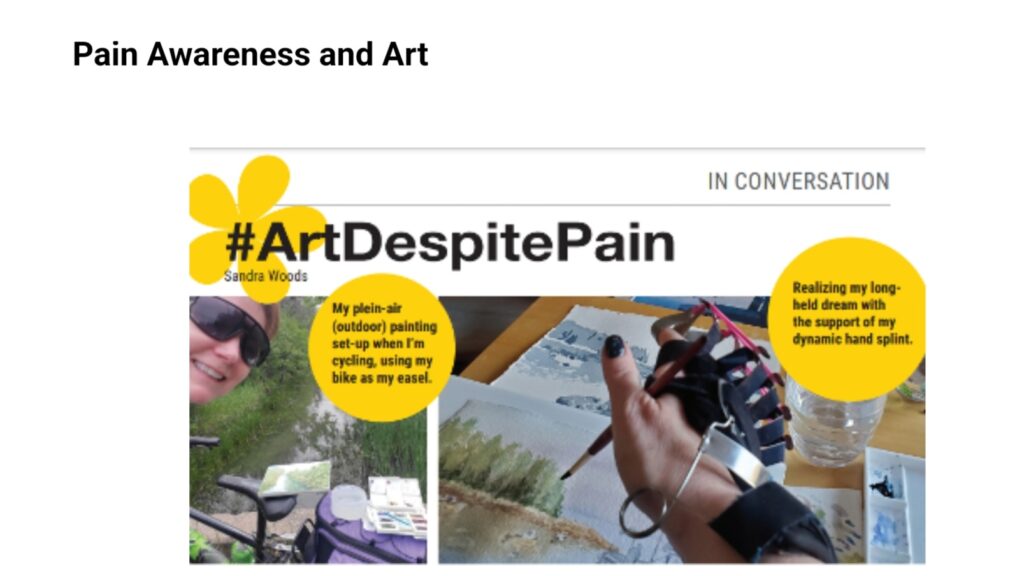 A screenshot from the October 2023 Newsletter of the Canadian Pain Society, featuring the #ArtDespitePain chronic pain awareness initiative of Sandra Woods