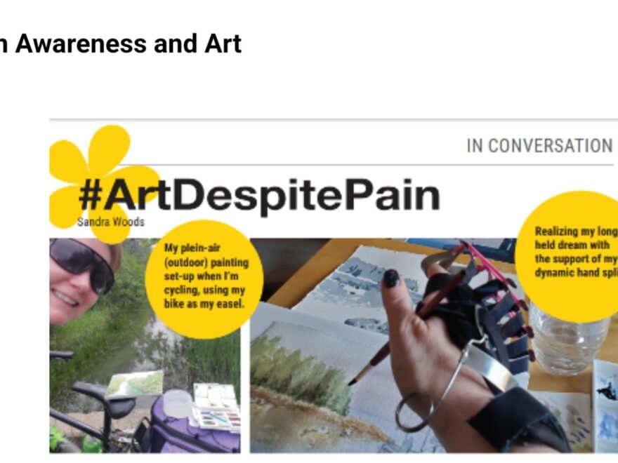 A screenshot from the October 2023 Newsletter of the Canadian Pain Society, featuring the #ArtDespitePain chronic pain awareness initiative of Sandra Woods