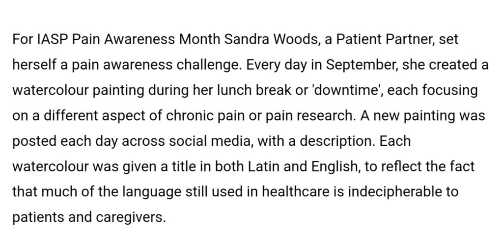 A screenshot from the October 2023 Newsletter of the Canadian Pain Society, noting that Patient Partner Sandra Woods painted 30 daily watercolours to raise the profile of chronic pain during Pain Awareness Month in September 2023