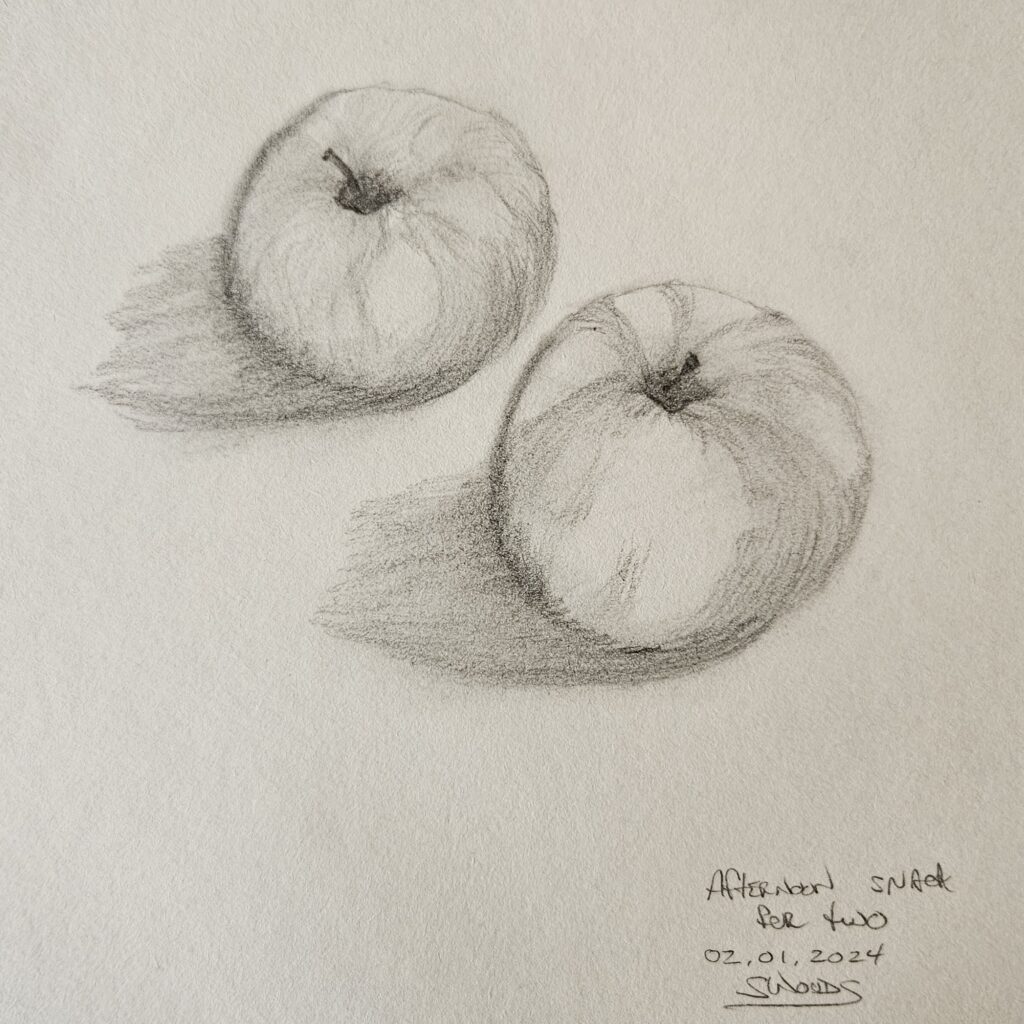 A pencil sketch of two apples