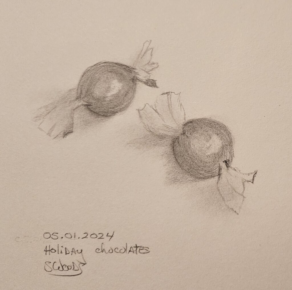 A pencil sketch of two round chocolates in wrappers