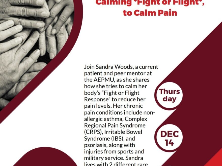 A poster for a "Patient Talk" on December 14, 2023, as part of the Chronic Pain Peer Mentorship Program (CPPMP) at the Alan Edwards Pain Management Unit (AEPMU) of the McGill University Health Centre (MUHC)