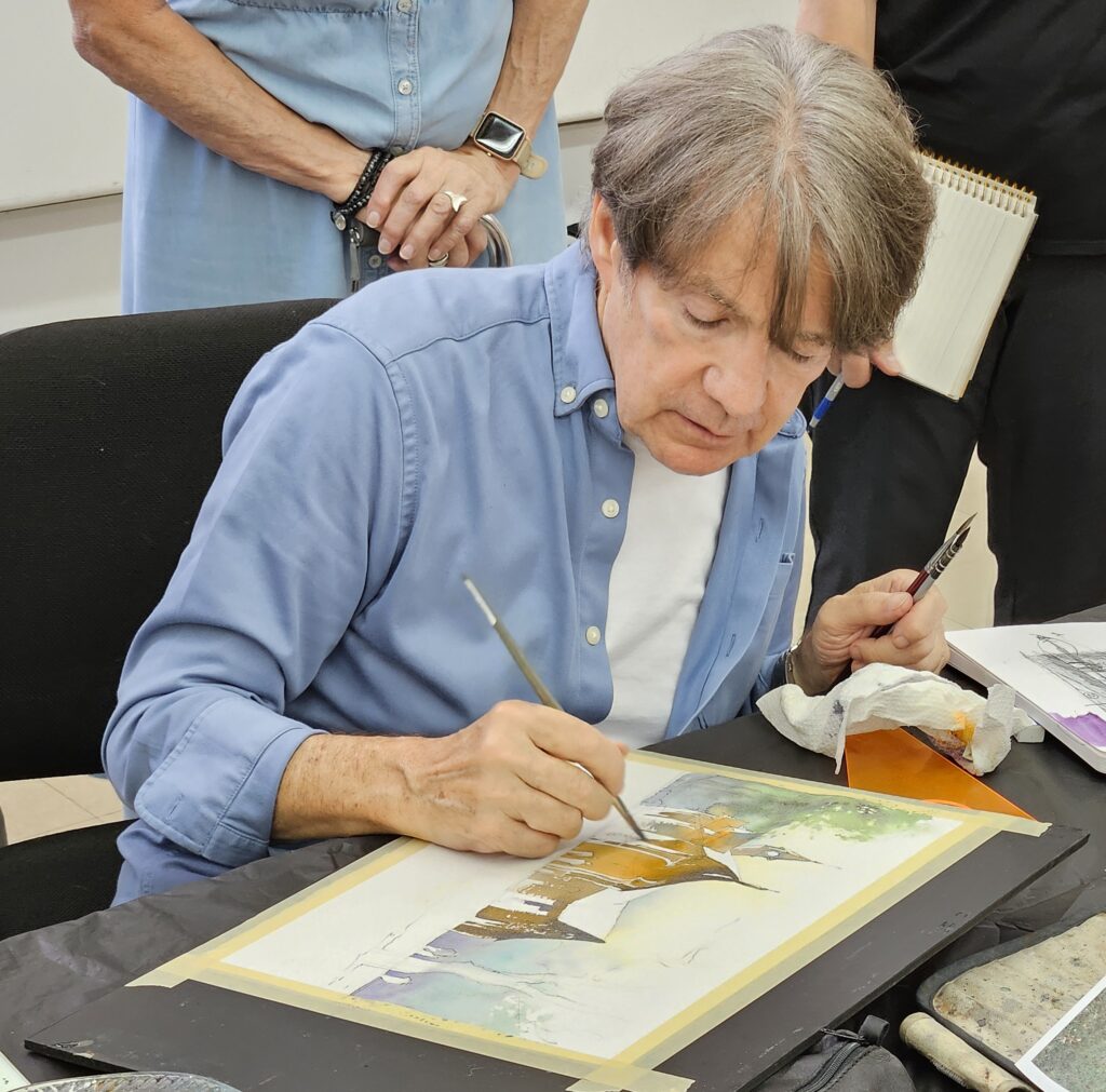 A watercolour painting demo by Thomas W. Schaller, of the Old Dairy in Central Park in NY City, during a Masterclass hosted by the Atelier d'aquarelle le Partage