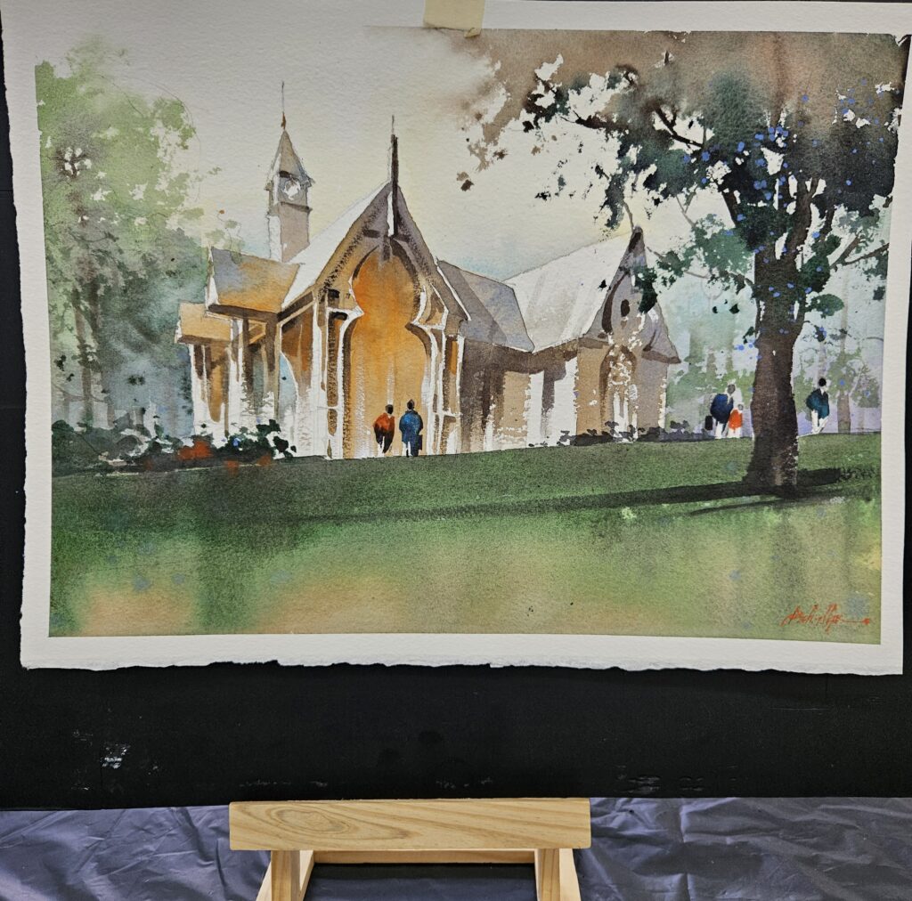 A demo watercolour painting by Thomas W. Schaller of the Old Dairy in Central Park in NY City painted during a Masterclass hosted by the Atelier d'aquarelle le Partage