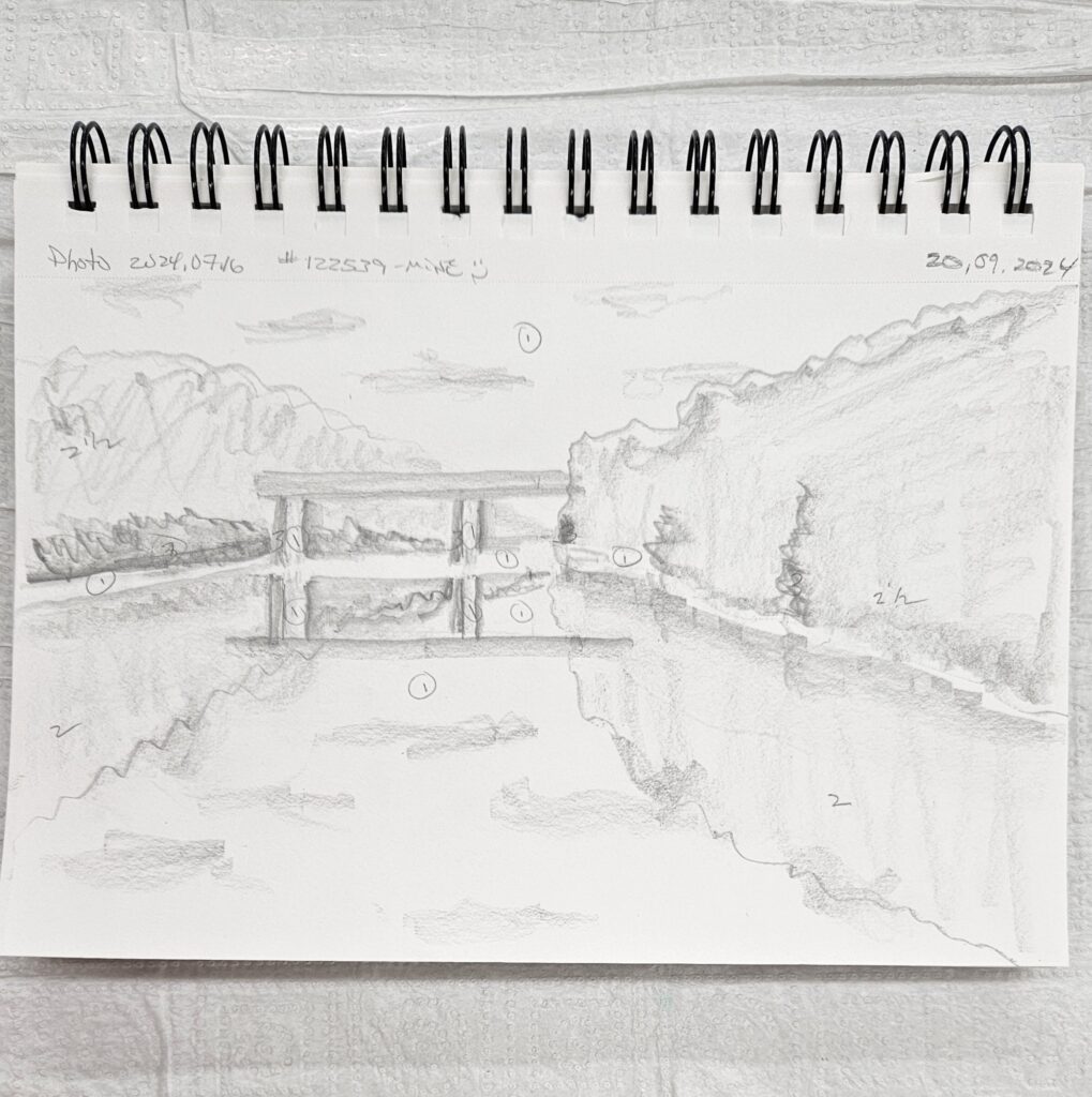 A rough planning-sketch by Sandra Woods, for a watercolour painting of an old railway bridge