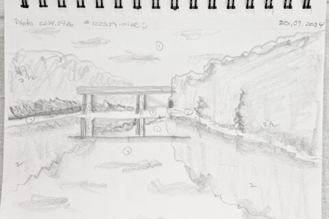 A rough planning-sketch by Sandra Woods, for a watercolour painting of an old railway bridge