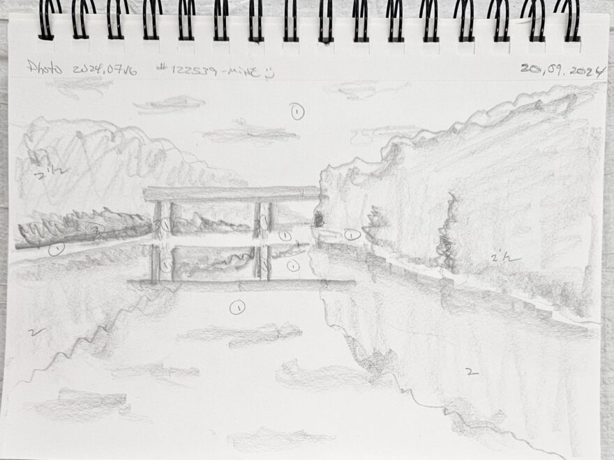 A rough planning-sketch by Sandra Woods, for a watercolour painting of an old railway bridge