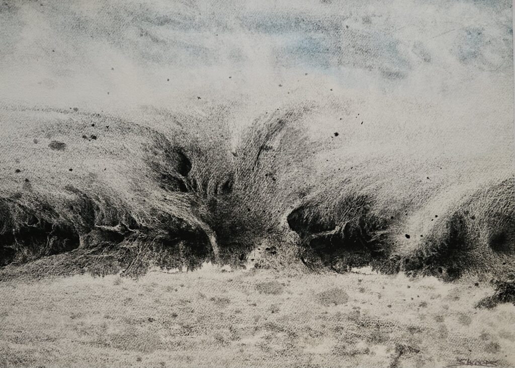 An impressionistic watercolour painting of a wave, representing a wave of chronic pain washing over a person
