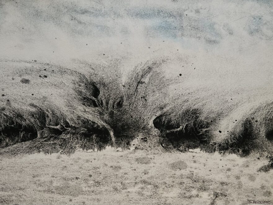 An impressionistic watercolour painting of a wave, representing a wave of chronic pain washing over a person