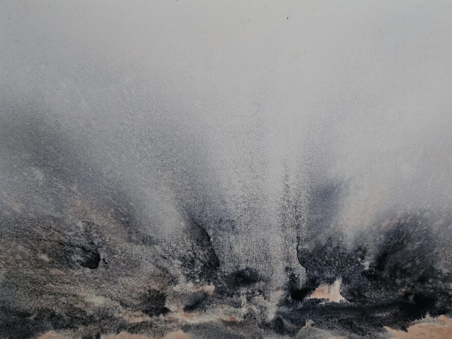 A watercolour painting evoking a volcano, meant to represent the burning pain of Complex Regional Pain Syndrome (CRPS)
