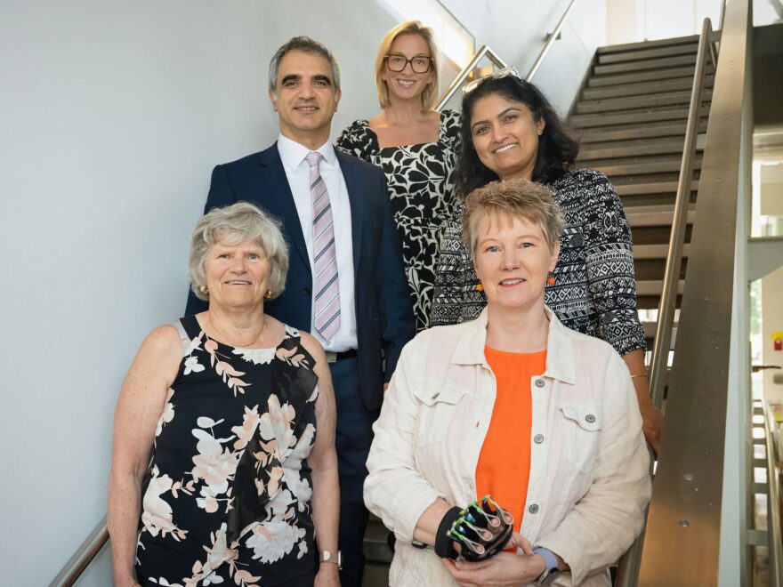 A group of people at the NeuroAccess Platform launch at McGill University, including Patient Partners Sandra Woods and Lesley Singer